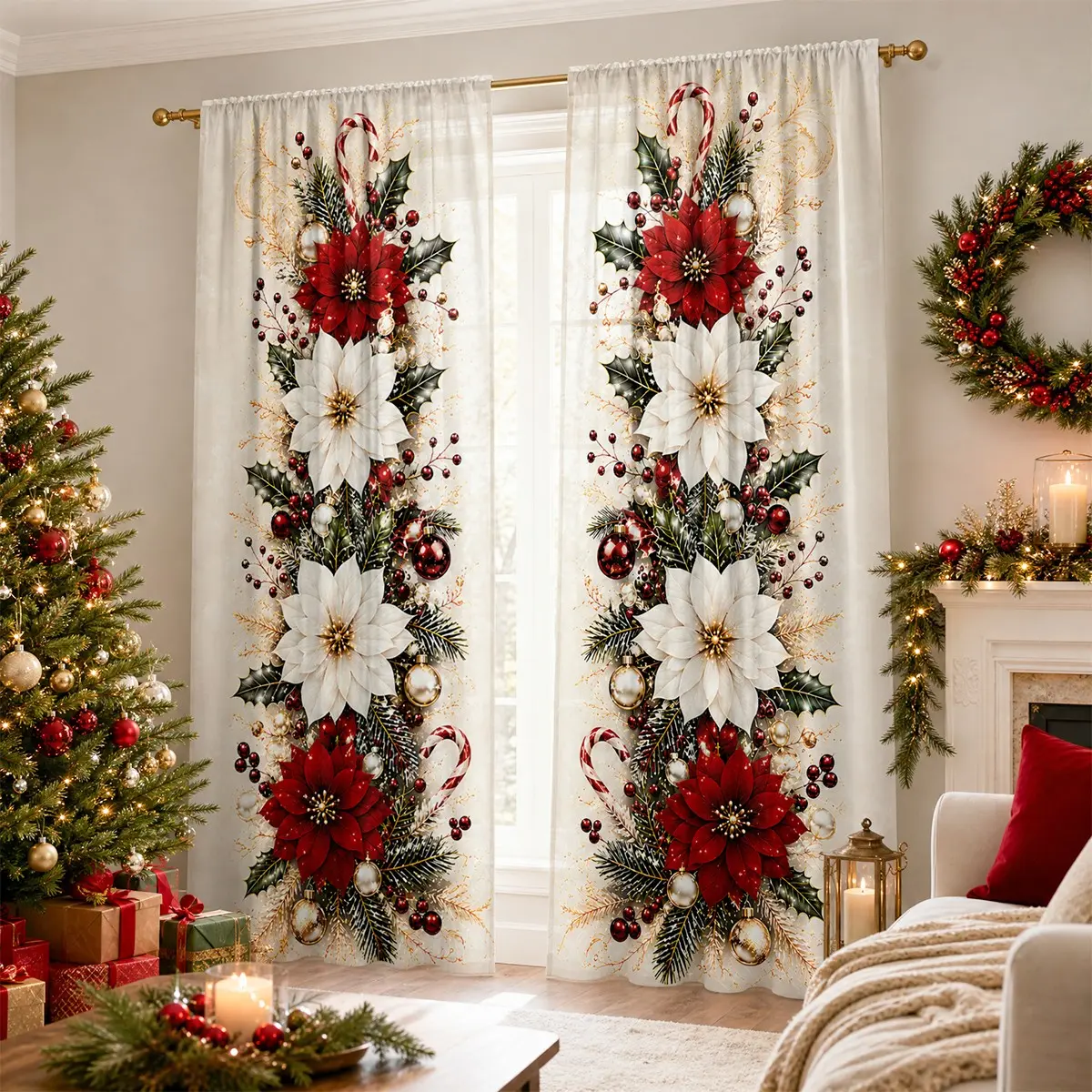 2pcs Off-white semi-blackout curtains with poinsettia and floral patterns, featuring red and white poinsettia, holly, candy canes, Christmas balls, and gold branch prints. Pocket rod installation suitable for living rooms, bedrooms, etc. Window Drapes