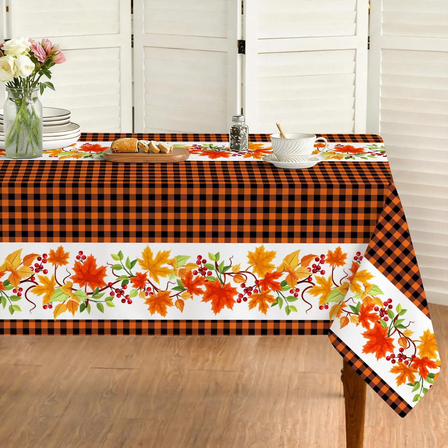 Autumn Thanksgiving Tablecloth, Water Buffalo Check Pumpkin Flower Maple Leaf, Washable Winter Dining Tablecloth, 1pc