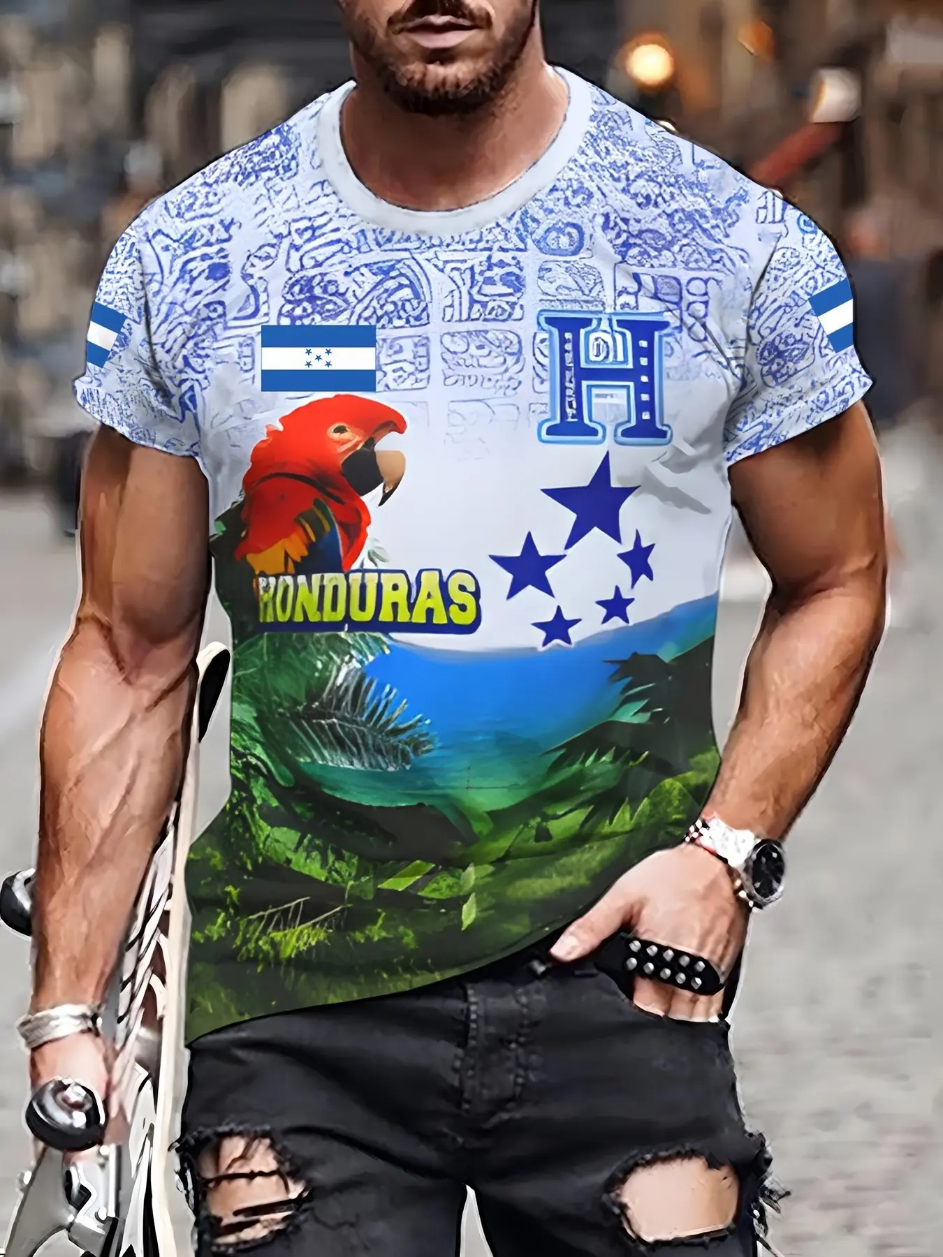 Men's Honduras Flag Parrot Natural Tropical Rainforest Print Short Sleeve T-Shirt, Patriotic Ethnic Round Neck Top, Loose Fit, Casual Daily Wear, Menswear