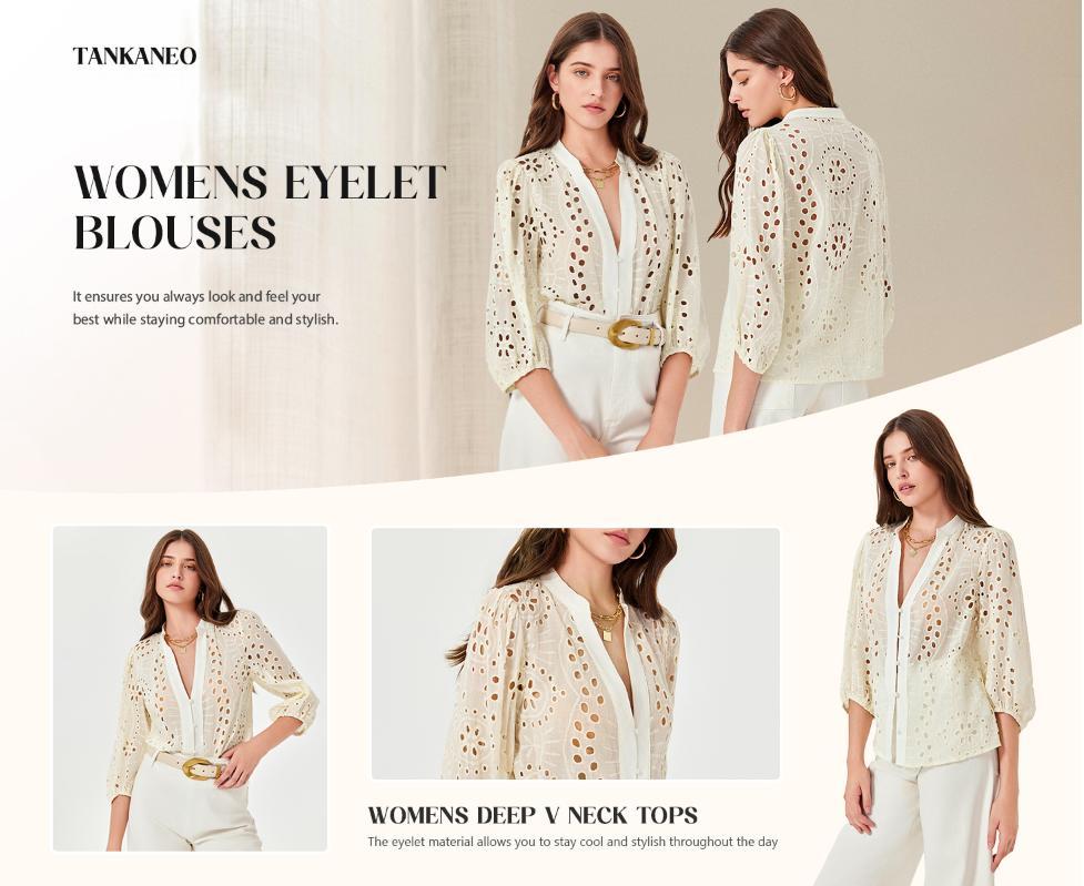 Imily Bela Womens Deep V Neck Eyelet Blouses Tops Dressy Casual 3/4 Balloon Sleeve Cotton Button Down Shirts