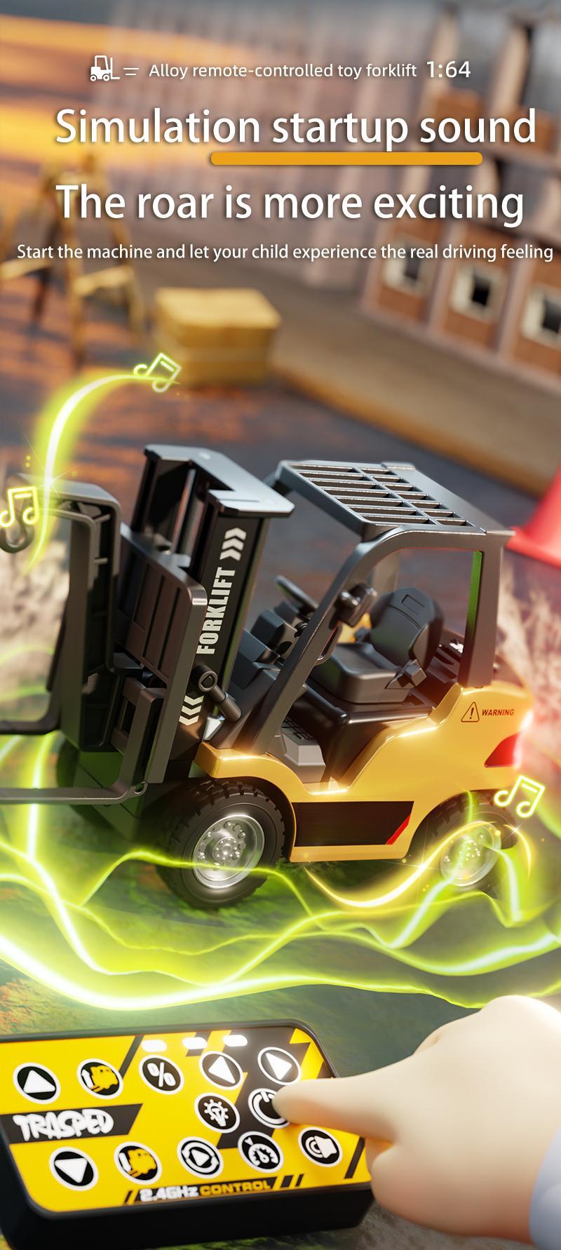 1/64 Mini RC Forklift, Remote Control Excavator, 11 Channel 2 Mode 2.4Ghz Remote Control Alloy Construction Vehicles Set with USB-C Rechargeable, 2 in 1 Transformable Lift Fork & Hook, Birthday Christmas Gift for Kids Adults Boys and Girls