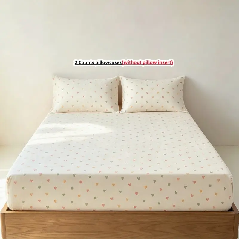 3pcs Heart Pattern Fitted Sheet Set, Includes 1 Fitted sheet and 2 Pillowcases without pillow insert, Elastic Band for Easy Fixing, Mattress Protector