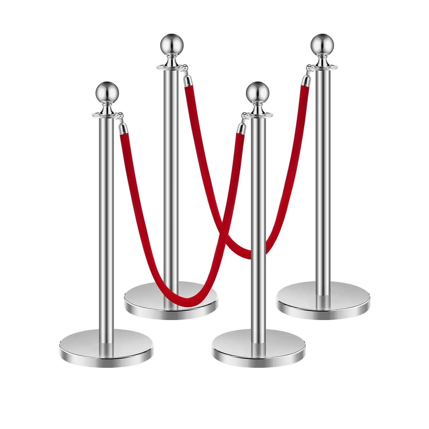 VEVOR 4-Piece Stanchions with Red Velvet Ropes, Stainless Steel Posts with Hollow Base, Silver Crowd Control Barriers, Red Carpet Runner Poles for Party Supplies, Four Pieces