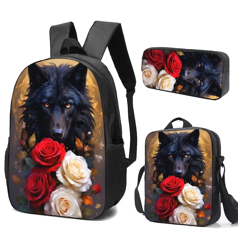 Black Wolf Rose Backpack, Gothic Animal Print School Bookbag with Padded Shoulder Straps, Side Mesh Pockets and Top Handle for Teens and Students