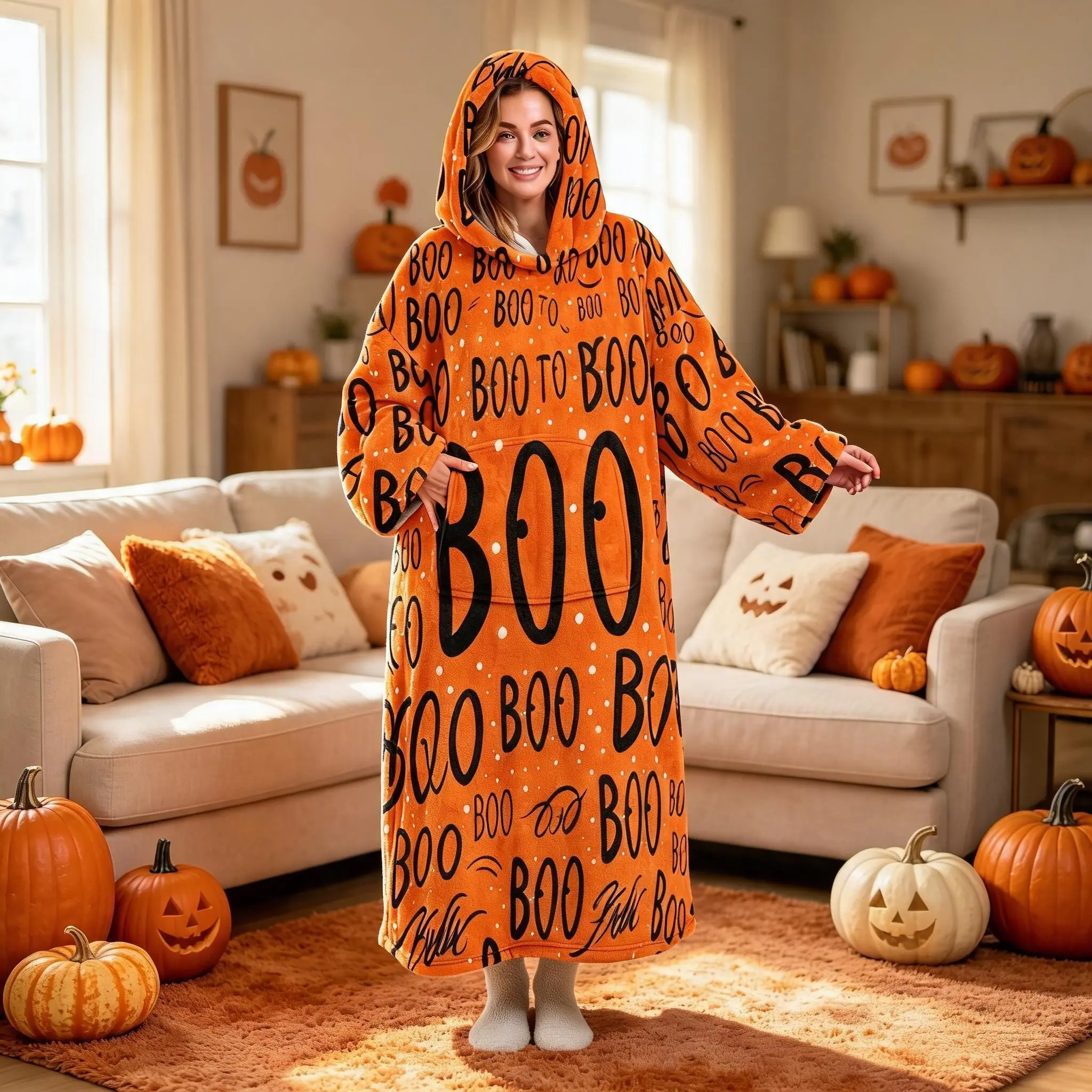 Unisex Coral Fleece Long Sleep Robe, Boo Fun Handwritten Letters Full Print, Loose Fit Home Robe with Large Pockets, Halloween Gift