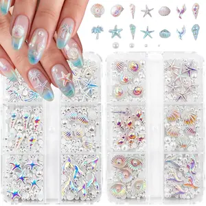 2 Boxes Aurora Ocean Nail Gems Nail Charms, 3D Resin Laser Blue Pink Mermaid Palm Tree Seashell Starfish Summer Charms for Acrylic Nail Art Alloy Nail Rhinestones for Women DIY Accessories