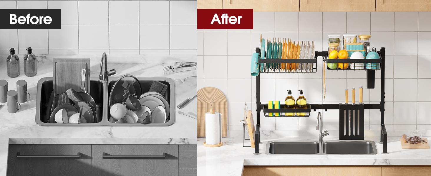 Over The Sink Dish Drying Rack - Adjustable 2 Tier Large Capacity Stainless Steel Drainer with Cutlery & Utensil Holders, Kitchen Storage & Organization, 30"-33.9" L x 11" W x 21.5" H, Black