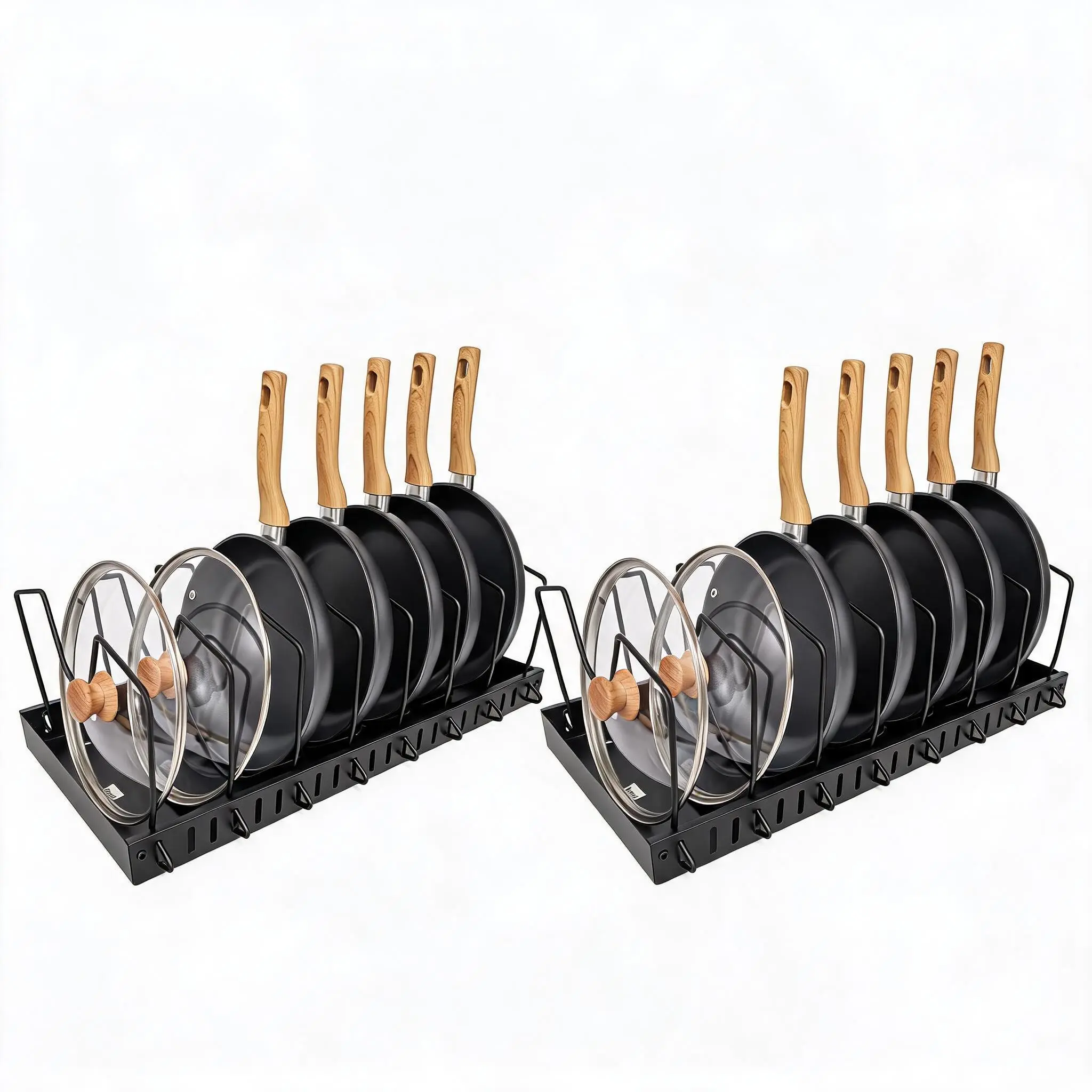 2 Pack Expandable Pots and Pans Organizer Under Cabinet, Black Metal Pot and Pan Organizer, Adjustable Pull-Out Kitchen Cookware Rack for Cabinet Storage
