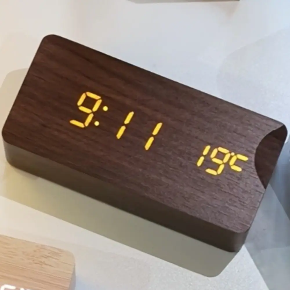 Wooden Digital Desk Alarm Clock, Time Date & Temp Display, 3 Brightness Levels, 3 Alarms with Snooze, 12/24 Hour, Sound Activated Screen