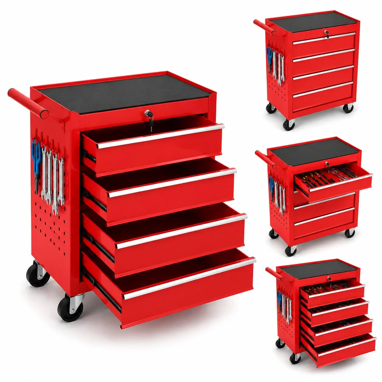 4 Drawer Mobile Tool Cabinet with Lock - Heavy Duty Steel Mechanics Tool Cart with Ball Bearing Drawers, Side Pegboard, Swivel Wheels for Garage Auto Repair