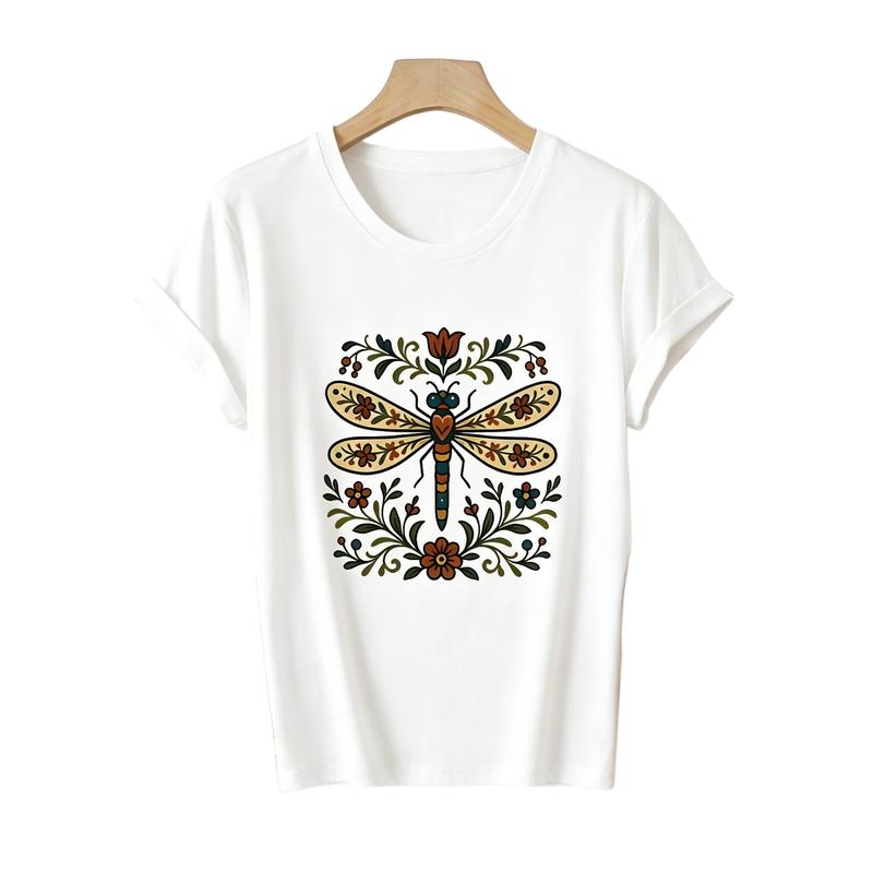 Women's Short-Sleeve Knit Cotton T-Shirt - Ethnic Dragonfly Print, Loose Basic, Colorful Style, Athletic Clothes, Multi-Color Optional, Summer Casual Vacation Top for Valentine's Day, Shortsleeve, Valentines Day