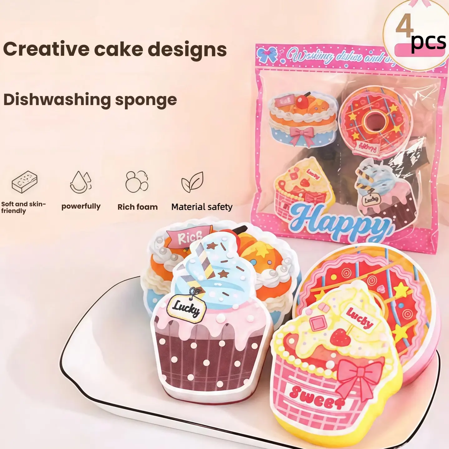 4 Creative Donut Cake Shape Dish Sponges, High Density Absorbent, Non-Oily, Easy to Clean, Kitchen Cleaning Tool, Sweet Treat Design