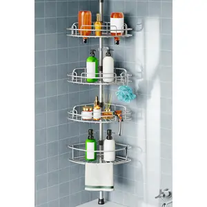 Shower Caddy Tension Pole: 4-Tier Corner Rustproof Bathroom Organizer - No-Drill Adjustable Shower Shelf for Renters - Floor to Ceiling Family Apartment Storage Rack - 47-121 Inch Silver Gray