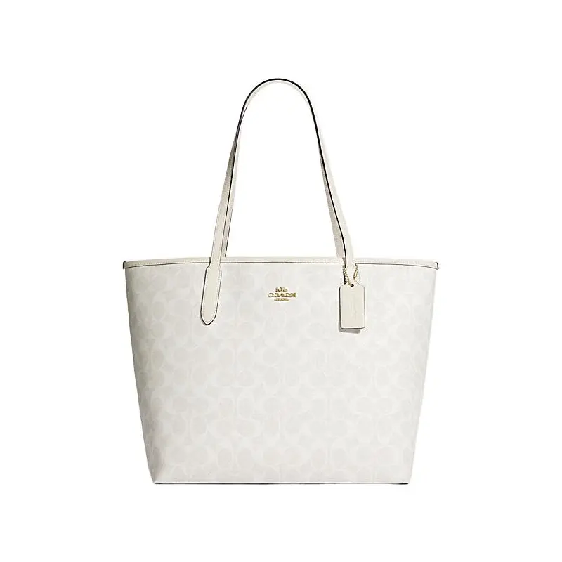 COACH City 33 Classic Monogram Large Tote Bag for Women – Coated Canvas, Gold and Chalk White Accents