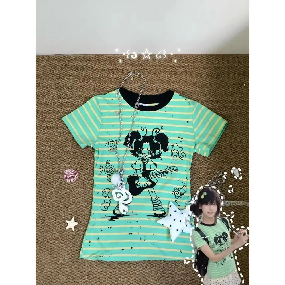 HOUZHOU Green Women T-shirts Harajuku Striped Japanese Style Kawaii Graphic Short Sleeve T-shirts Anime Tops Juminocore Tees