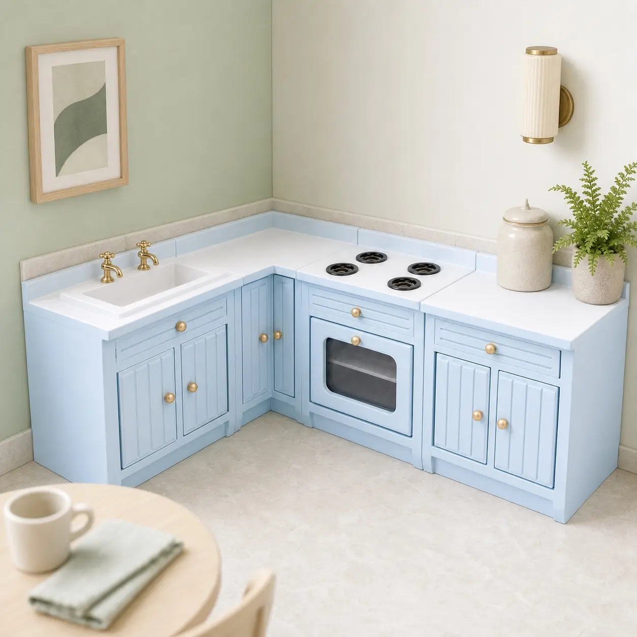 Miniature Dollhouse Pale Blue Fitted Kitchen Furniture 4-Piece Set, Sink, Stove Oven and Corner Cabinet Units