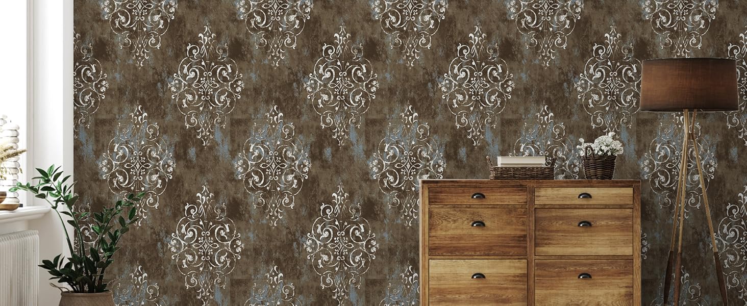 Vintage Peel and Stick Wallpaper Damask Brown/Beige/Teal Vinyl Stick on Wall Paper for Bedroom Home 17.7in x 9.8ft