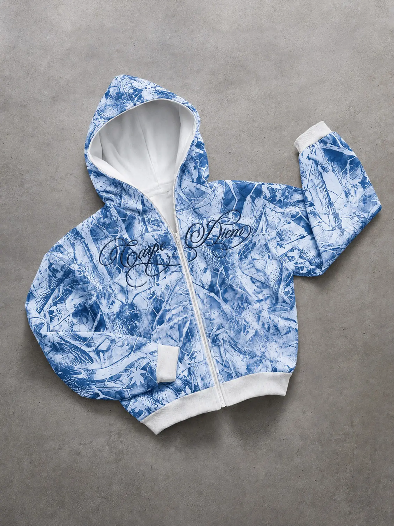 Ice Blue Camo Carpe Diem Zip Up Hoodie Y2K Streetwear Graphic Print Sweatshirt Jacket Casual Oversized Winter Outwear for Men Women