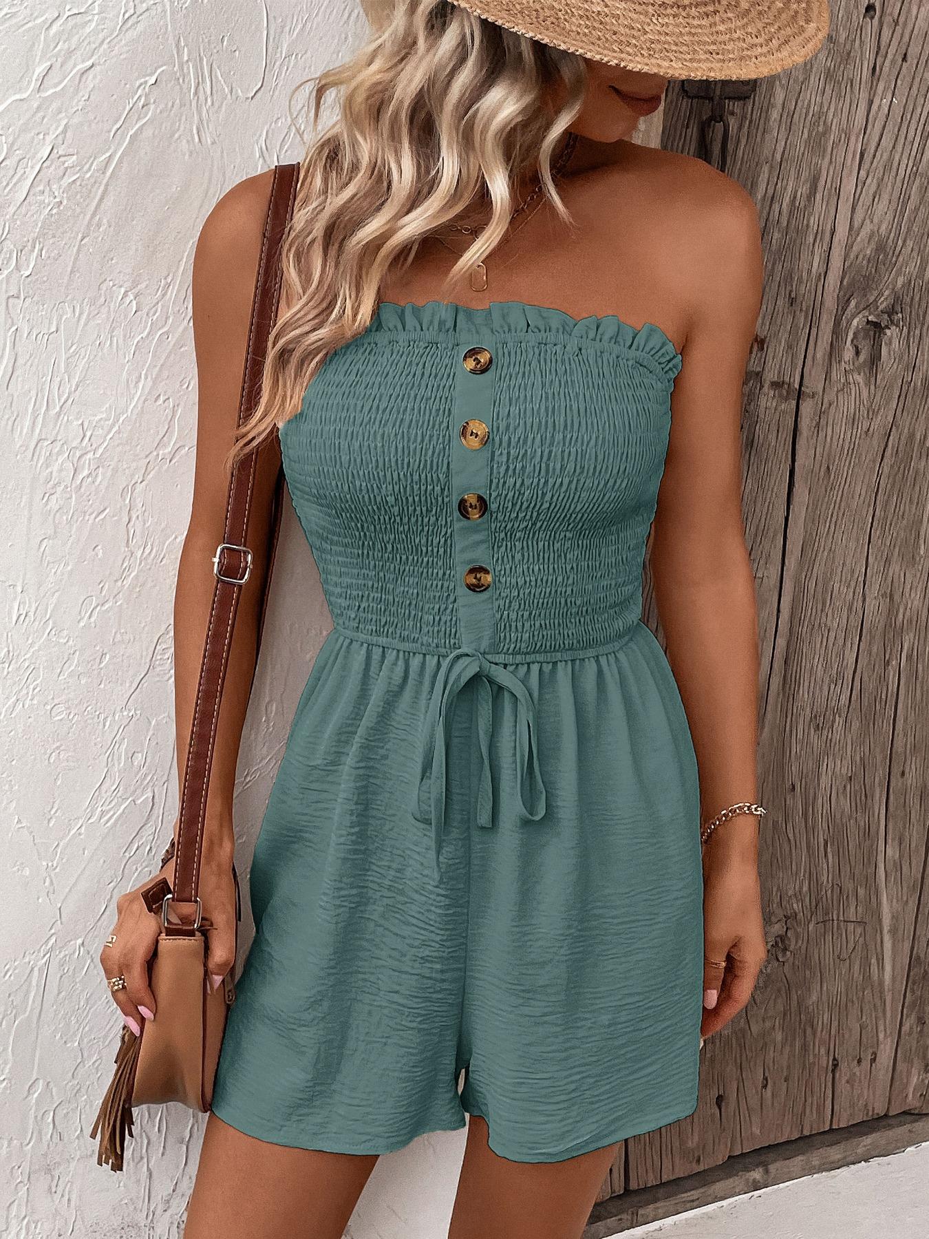 2026 Women'S Plain Frill Trim Shirred Ruched Tie Front Bandeau Romper, Boho Sleeveless Strapless High Waist Jumpsuit For Summer, Summer Outfits 2026, Fashion Casual Women'S Clothing For Daily Wear, Casual Comfy Jumpsuit