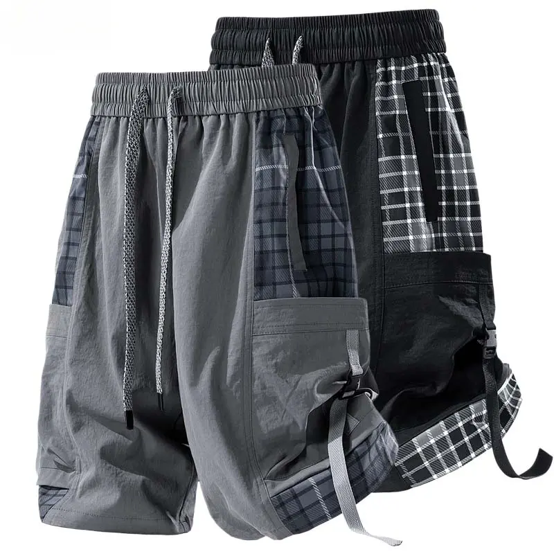 Trendy Brand Men's Cargo Shorts, Summer Loose Wide-Leg Midi Shorts - Ice Silk Cool-Touch Breathable, Plaid Patchwork Panels, Streetwear-Inspired Sporty Casual Easy-to-Match #SummerWins #Father’sDayGift, Loose Men's Shorts
