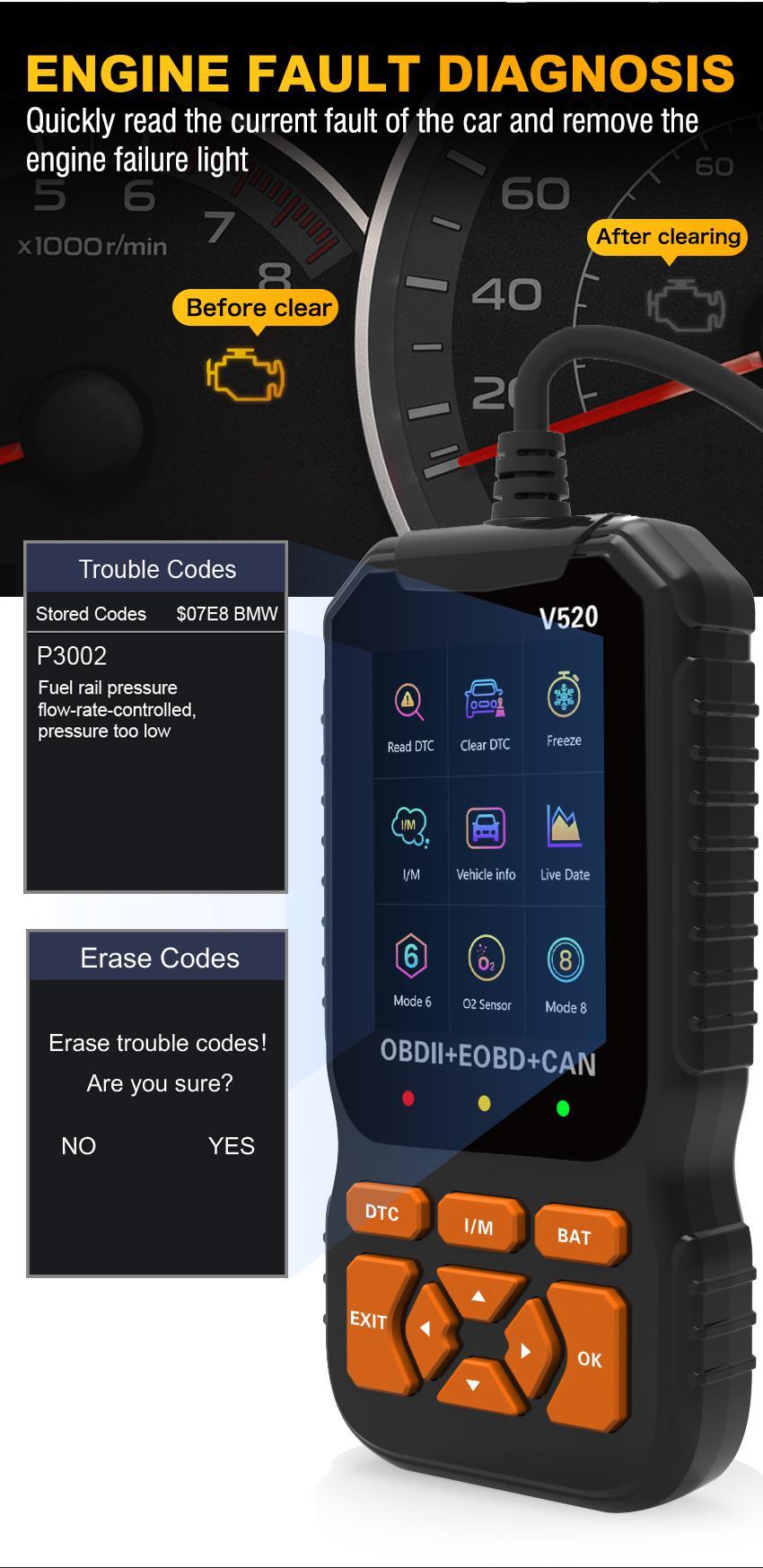 Multilingual automotive OBD2 scanner code reader, professional V520 diagnostic tool, real-time data OBD2 fault detector
