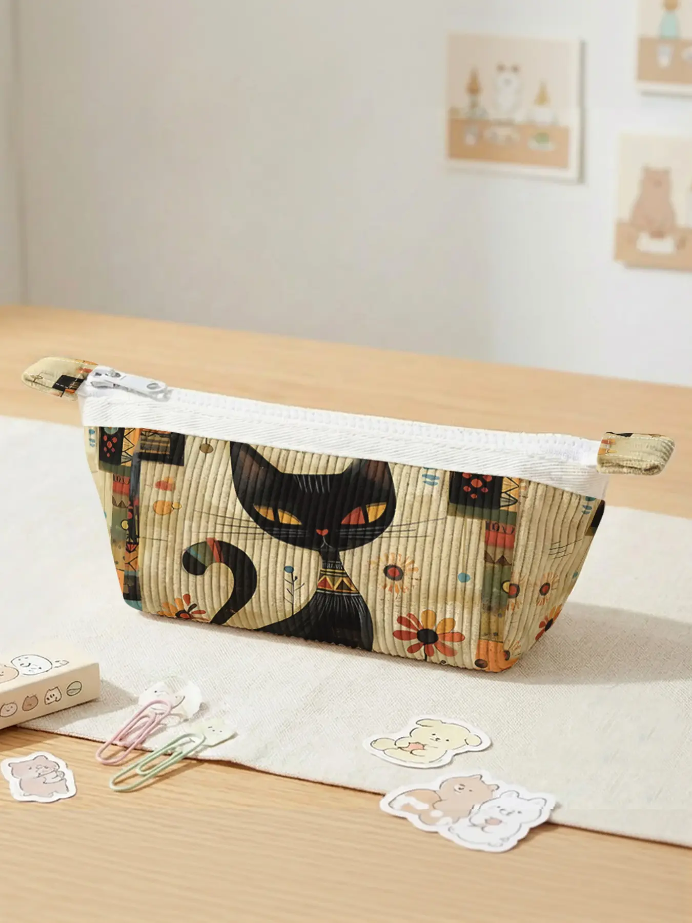 Cat Floral Pattern 2D Print Velvet Pencil Case, Large Capacity Stationery Bag, Casual Style, All Seasons Tool Bag