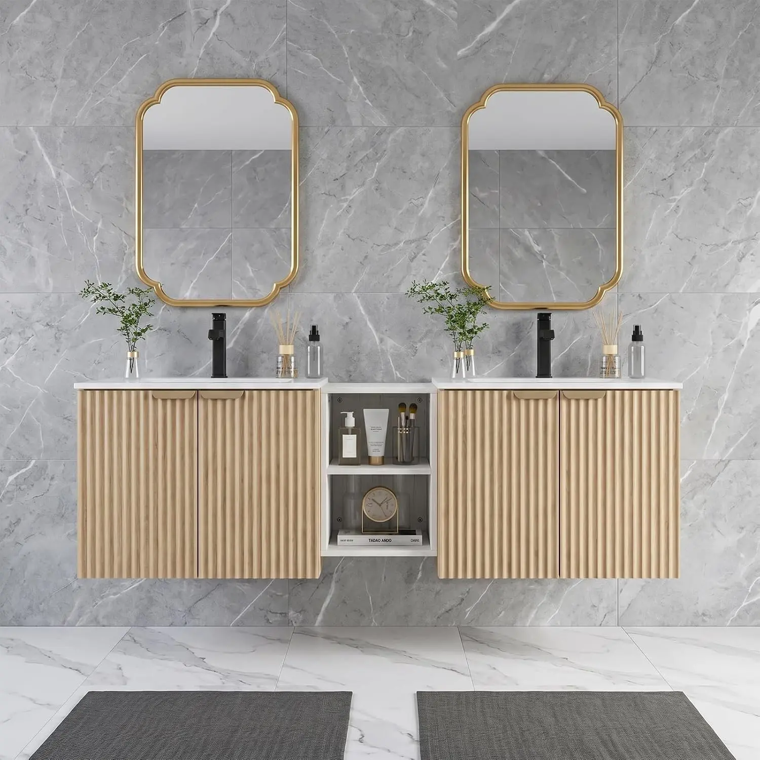 60-Inch Wall-Mounted Floating Double Vanity Sink with Ceramic Basins, Waterproof FSC-Certified Engineered Wood Cabinet, Center Open Shelf, Striped Oak Texture for Indoor Use, Wall-Mounted Sink