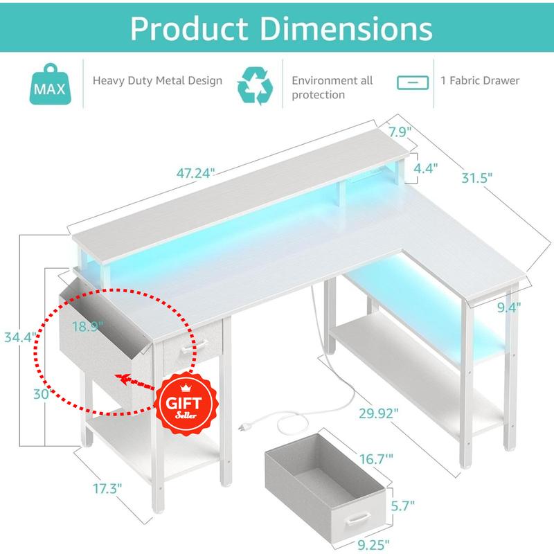 Lufeiya White L Shaped Gaming Desk with Fabric Drawers and Storage Shelves, 47 inch Home Office Desk with Monitor Stand, Computer Desk with LED Lights and Power Outlets, White, Get Free Gift