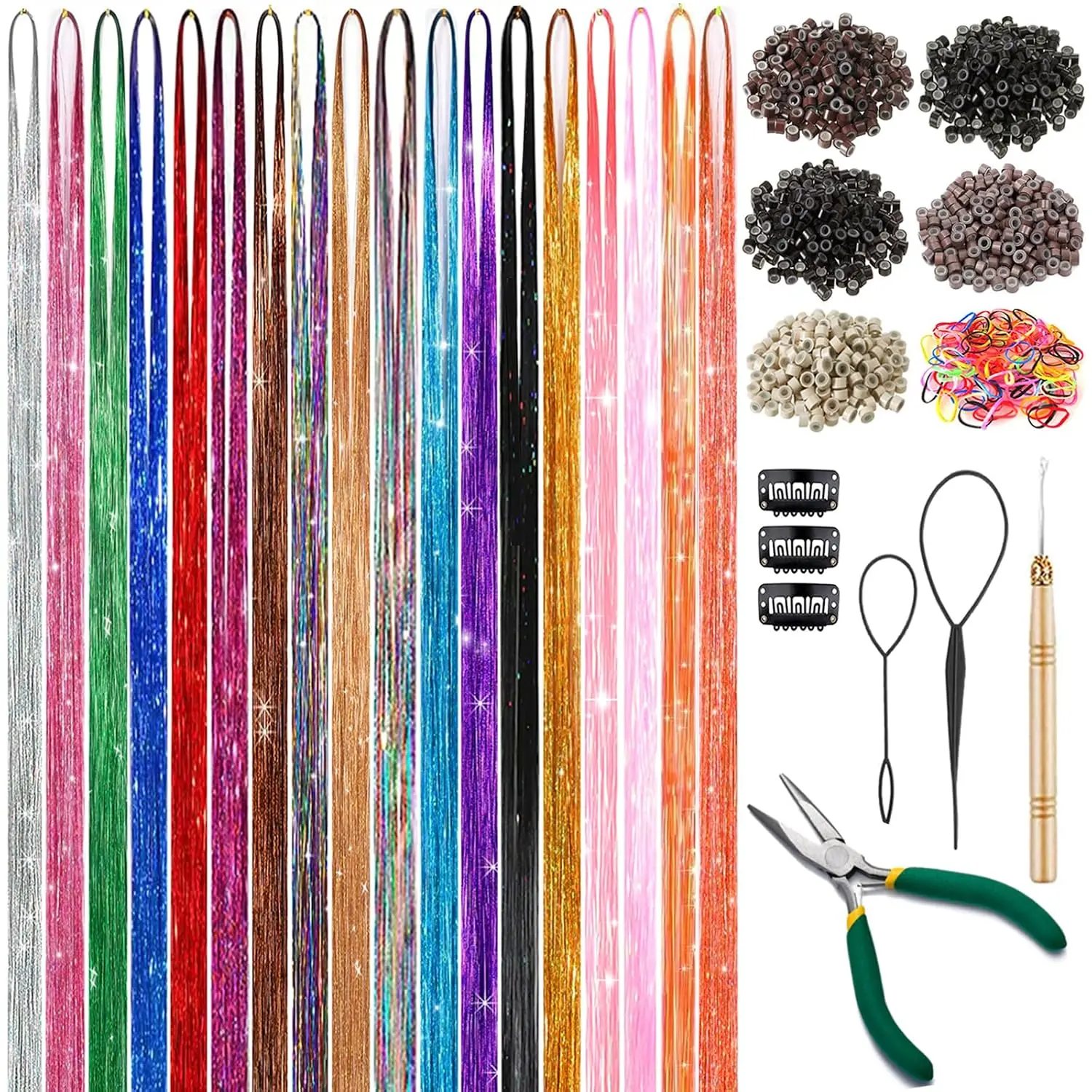 Hair Tinsel Kit, 18 Colors Glitter Tinsel Hair Extensions with Tools | 48 Inch 9000 Strands Fairy Hair Tinsel Heat Resistant Accessories for Women Girls