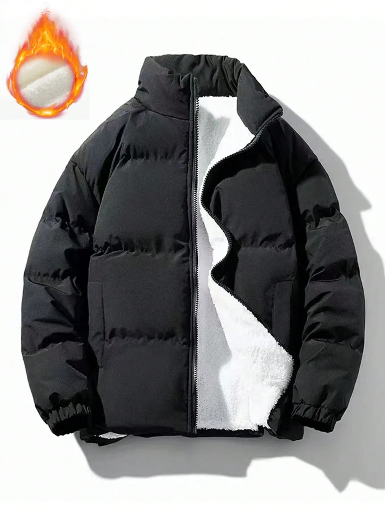 Winter Men's Fleece Lined Thicken Puff Cotton Coat, Casual Lamb Fur Lined Warm Outerwear with Stand Collar, Full Zipper, Elastic Cuff, Windproof, Simple and Casual Men's Jacket, Cotton Coat, Puffer Jacket