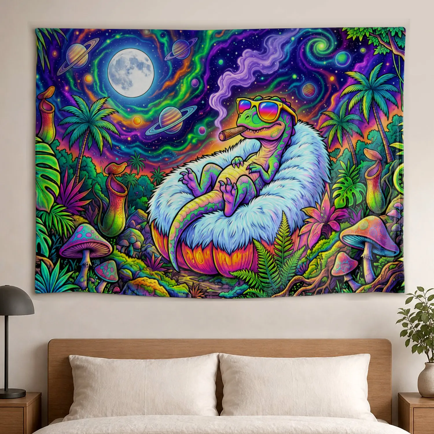 Psychedelic Dinosaur Cosmic Galaxy Wall tapestry,Large size Printed Horizontal Tapestry blanket,Polyester Fabric Wall Hanging for living room,bedroom,No Installation Required,Indoor,Outdoor,Gift for Family and Friends