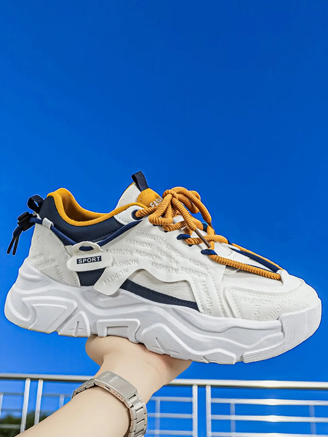 2026 New Men's Breathable Mesh Platform Dad Shoes, Embossed Fashion Letter Pattern, Thick Rope Laces, Wear-resistant Serrated Outsole, Non-slip Lightweight Sneakers, Great for Daily Commute, School, Street Jogging, Casual & Outdoor Wear