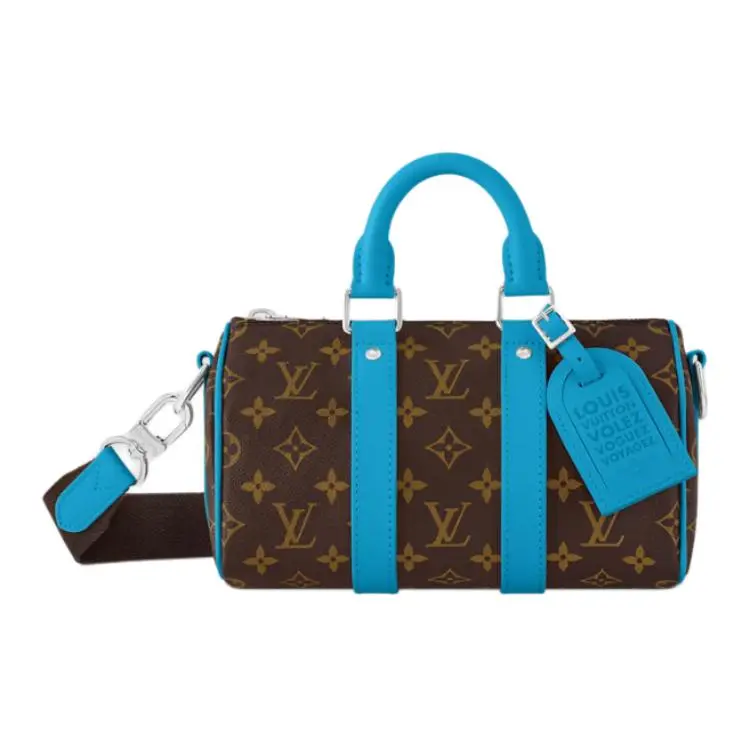 Louis Vuitton Keepall Bandoulière 25 Handbag for Men – Detachable Adjustable Strap, Zip Closure, Coated Canvas, Blue and Brown, Top-Opening Women's Handbags, Two-Toned Women's Handbags