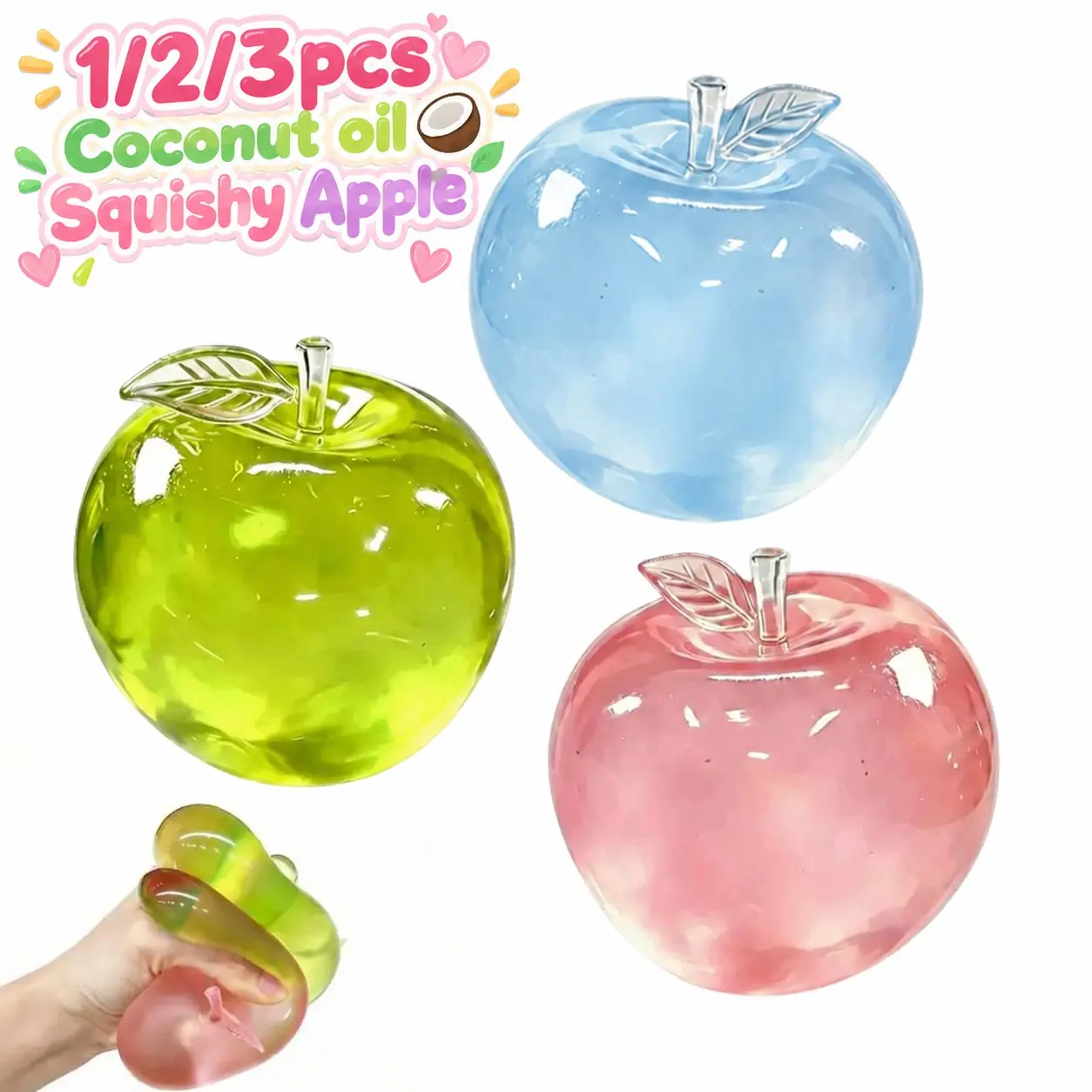 1/2/3pcs Coconut oil Apple Squishy Toys, Stress Relief Squishies, Squishy Fidgets, Soft Squeeze Stress Relief Set for Adults & Kids, Slow Rising Mochi Sensory Stress Reliever Fidget, Calming Anxiety Toy for Desk Travel, Birthday Party Idea for Children