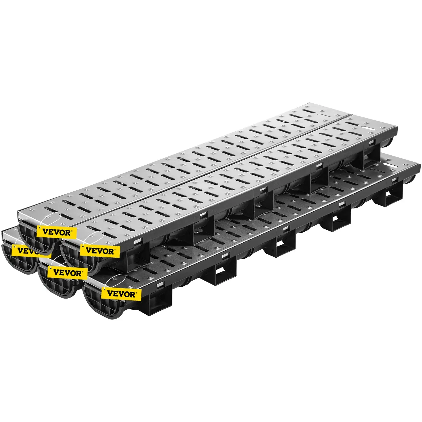 VEVOR Trench Drain System, Channel Drain with Metal Grate, 5.7x3.1-Inch HDPE Drainage Trench, Black Plastic Garage Floor Drain, 5x39 Trench Drain Grate, with 5 End Caps, for Garden, Driveway-5 Pack