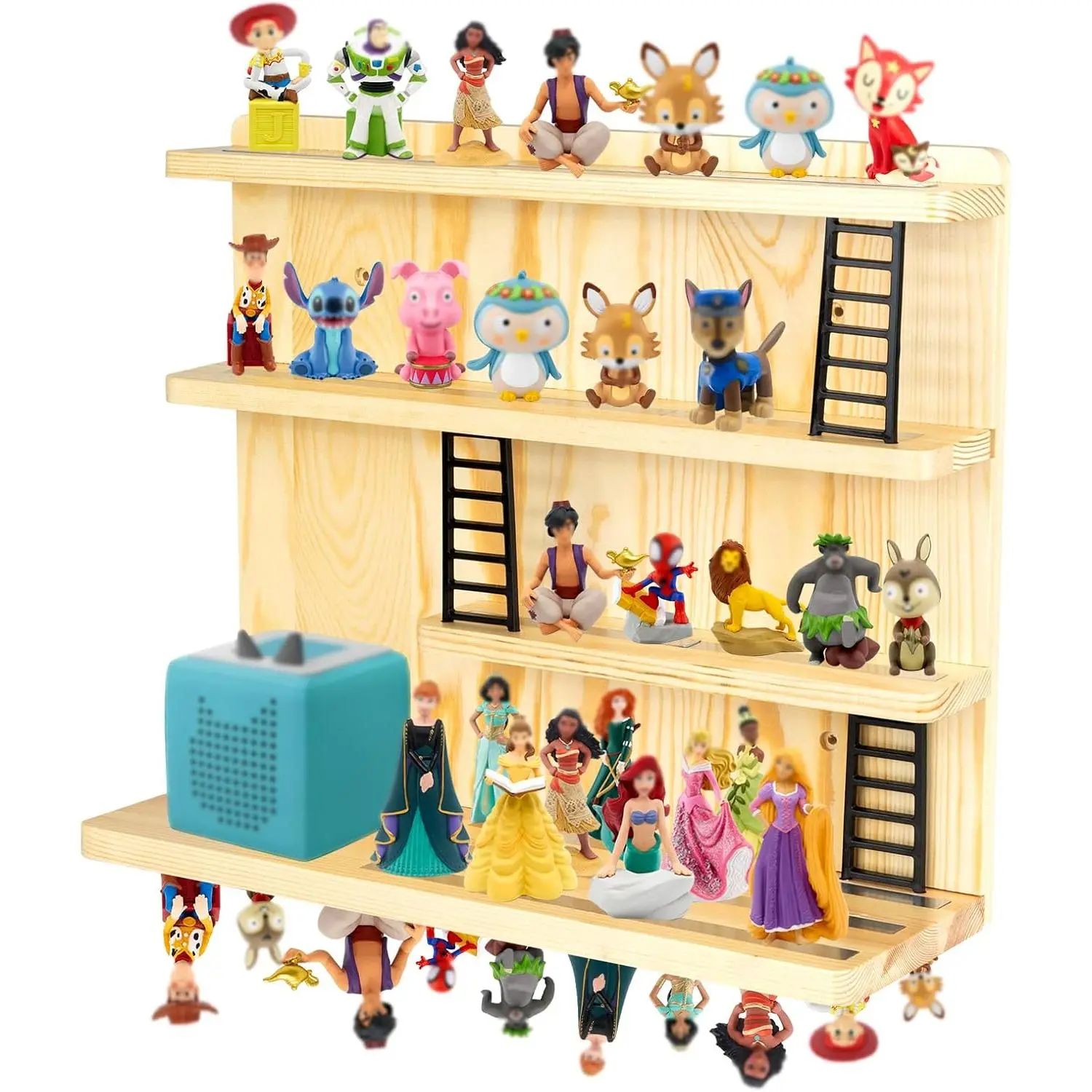 WodGod for Tonie Shelf Magnetic,for Tonie Storage Wall, Holds 50+ Characters Creative Magnetic Top & Back,Pinewood Floating Shelves,Dedicated Charging Spot for Tonebox,Figures Storage,4-Tier