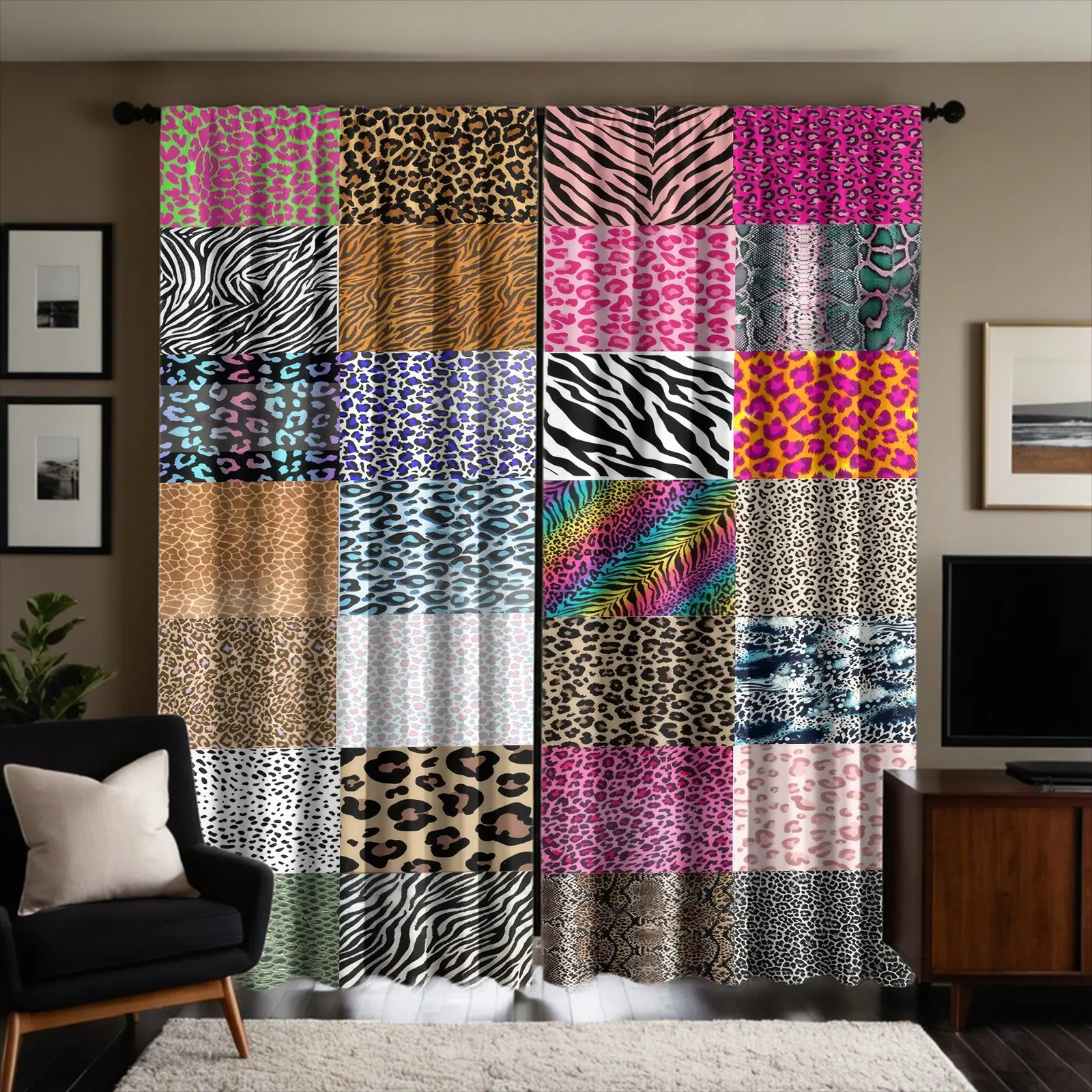 Animal Print Patchwork Curtains (2-Pack), Featuring Vibrant Neon Leopard And Zebra Prints, Brushed Fabric, Semi-Blackout Fabric (For Privacy), Fade-Resistant, Rod-Mount Design; Suitable For Bedroom And Living Room DéCor. Machine Washable.