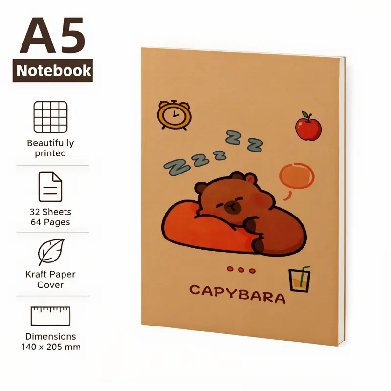 Cute and kawaii style notebook, featuring adorable sleeping capybara patterns paired with an alarm clock and apple design, beautifully printed kraft paper cover, 32 sheets/64 pages, perfect for students and office workers to write diaries or as a gift, si