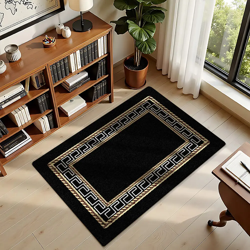 Flannel Black Golden Chain Greek Key Border Area Rug, Luxury Geometric Frame Carpet for Bedroom Entrance #LuxuryBorderRug #GreekKeyPattern #BlackGoldRug #FlannelRug #ModernHomeDecor