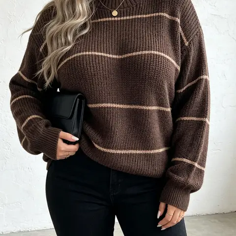 Women's Plus-Size Casual Fashion Striped Crew-Neck Knit Sweater, Oversized Long-Sleeve Pullover for Fall and Winter