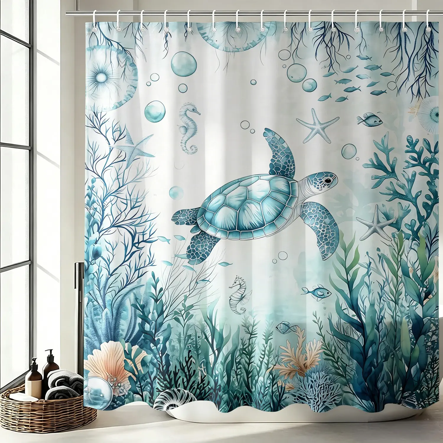 1 Pcs Oceanic Serenity Bathroom Makeover Dive Into Underwater Bliss With Sea Turtle Nautical Shower Curtain, Waterproof Shower Curtain, Transform Your Space With Coastal Marine Life Design Perfect For Bathroom Renovation Home Decoration
