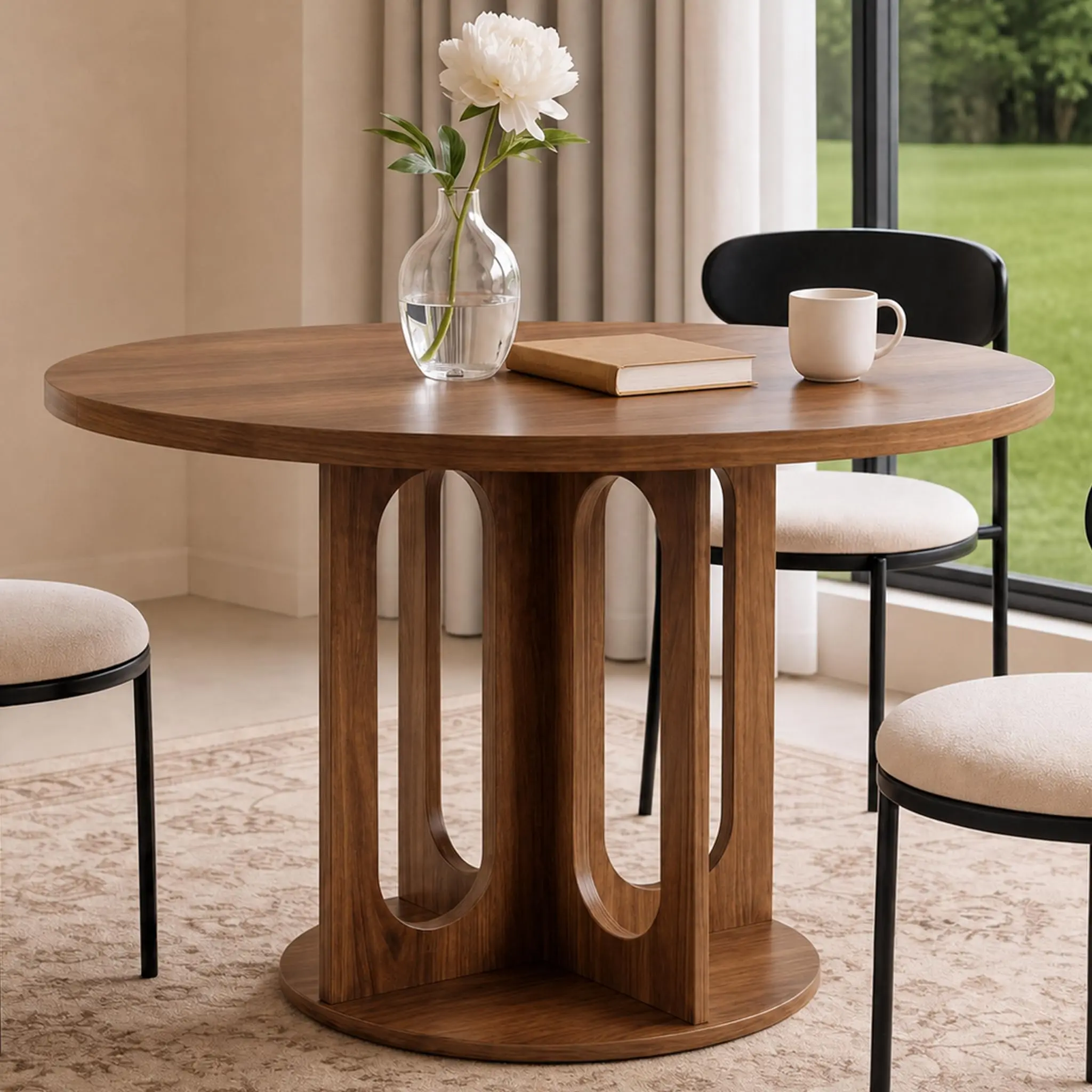 47" Round Dining Table for 4-6 People, Wooden Kitchen Table with Cross Pedestal Base, Modern Circle Kitchen Breakfast Table for Small Spaces, Kitchen, Living Room, Only Table