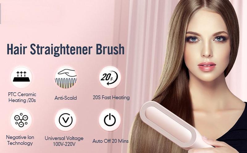 Hair Straightener Brush, Negative Lon Straightening Comb for Women, 10s Fast Heating, Smooth Hair in Seconds, 2-in-1 Brush