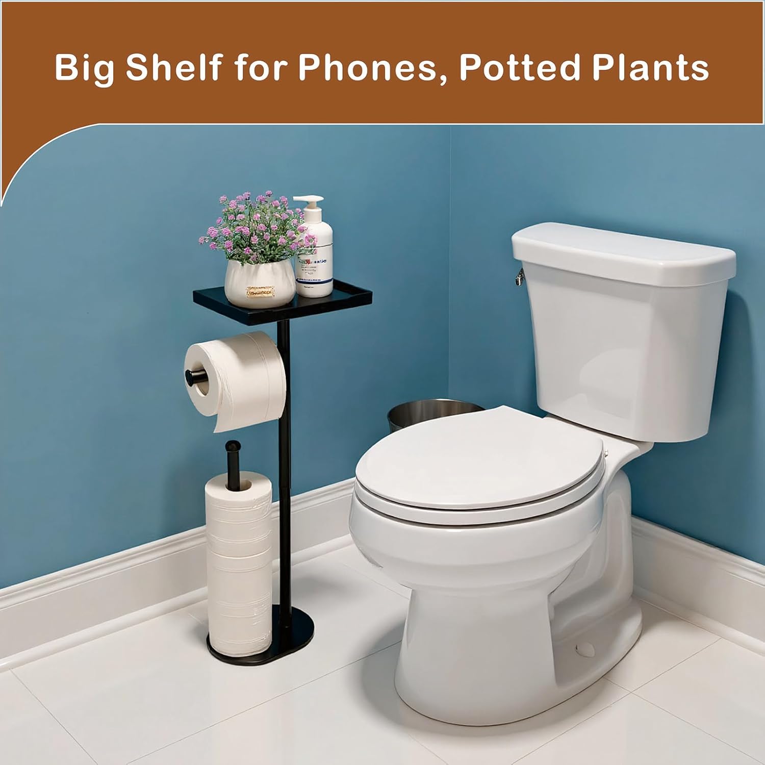Free Standing Toilet Paper Holder Stand with Phone Shelf, Holds 5 Paper Rolls, Black Tissue Roll Holder for Bathroom, Sturdy Engough for Potted