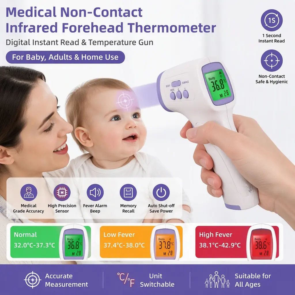 Medical Non‑Contact Infrared Forehead Thermometer, Digital Instant Read Temperature Gun, Electronic Thermometer for Baby, Adults & Home Use