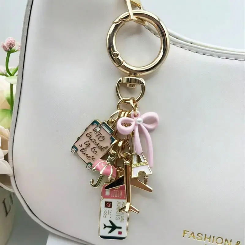 Travel Themed Bag Charm Pendants – Airplane & Eiffel Tower Keychain with Suitcase Charms, Cute Bag Decoration & Bag Chain Charms for Backpack Purse, Trendy Bag Charms, Girly Purse Accessories, Purse Charms for Handbags, Ideal for Wanderlust Lovers