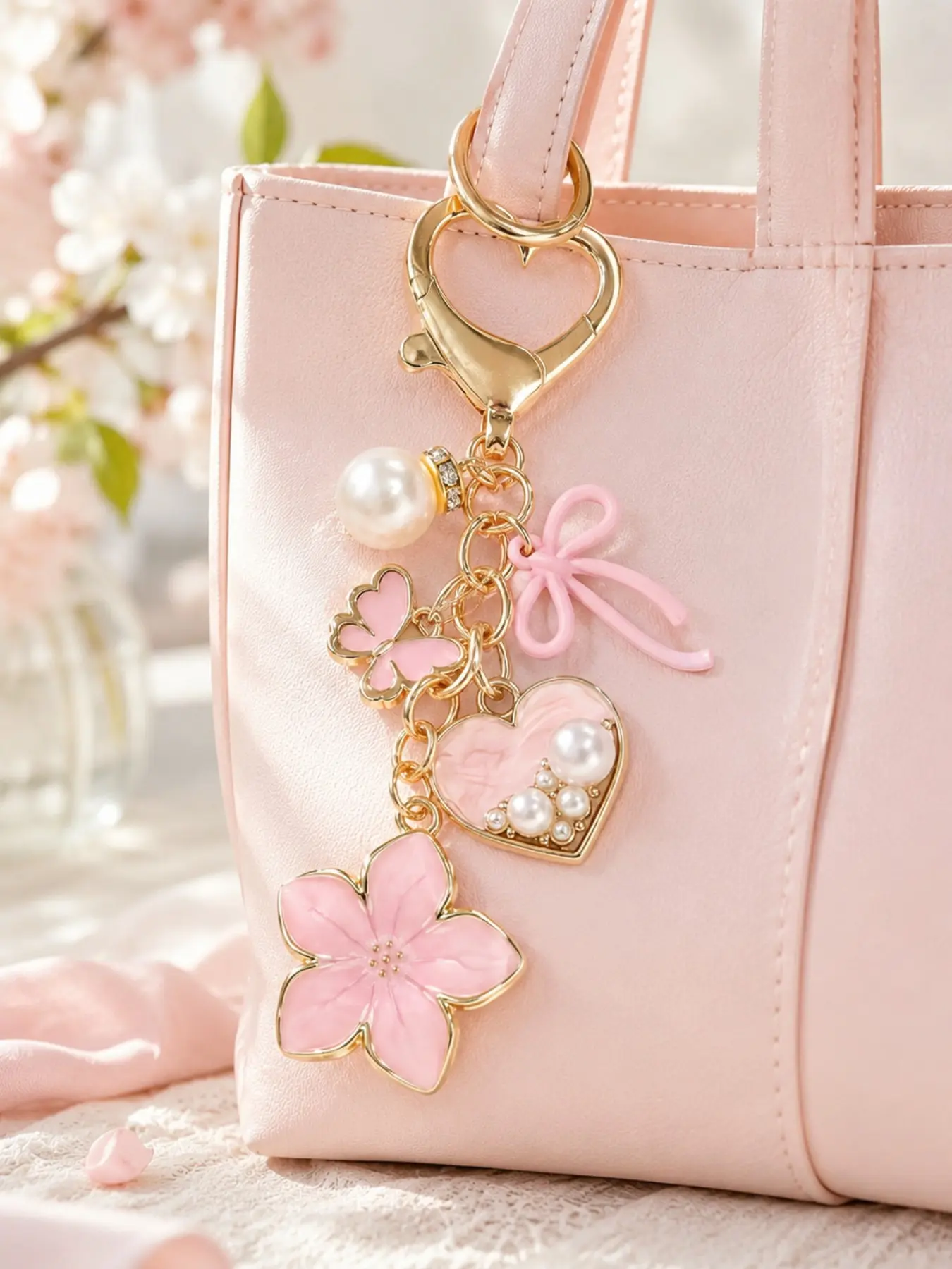 Coquette Aesthetic Fashion Accessory | Gradient Enamel Flower Pearl Heart Bag Charm, Trendy Bag Charms, Heart Carabiner Keychain, Cute Handbag Purse Charm, Girly Purse Accessories for Car Keys & House Keys