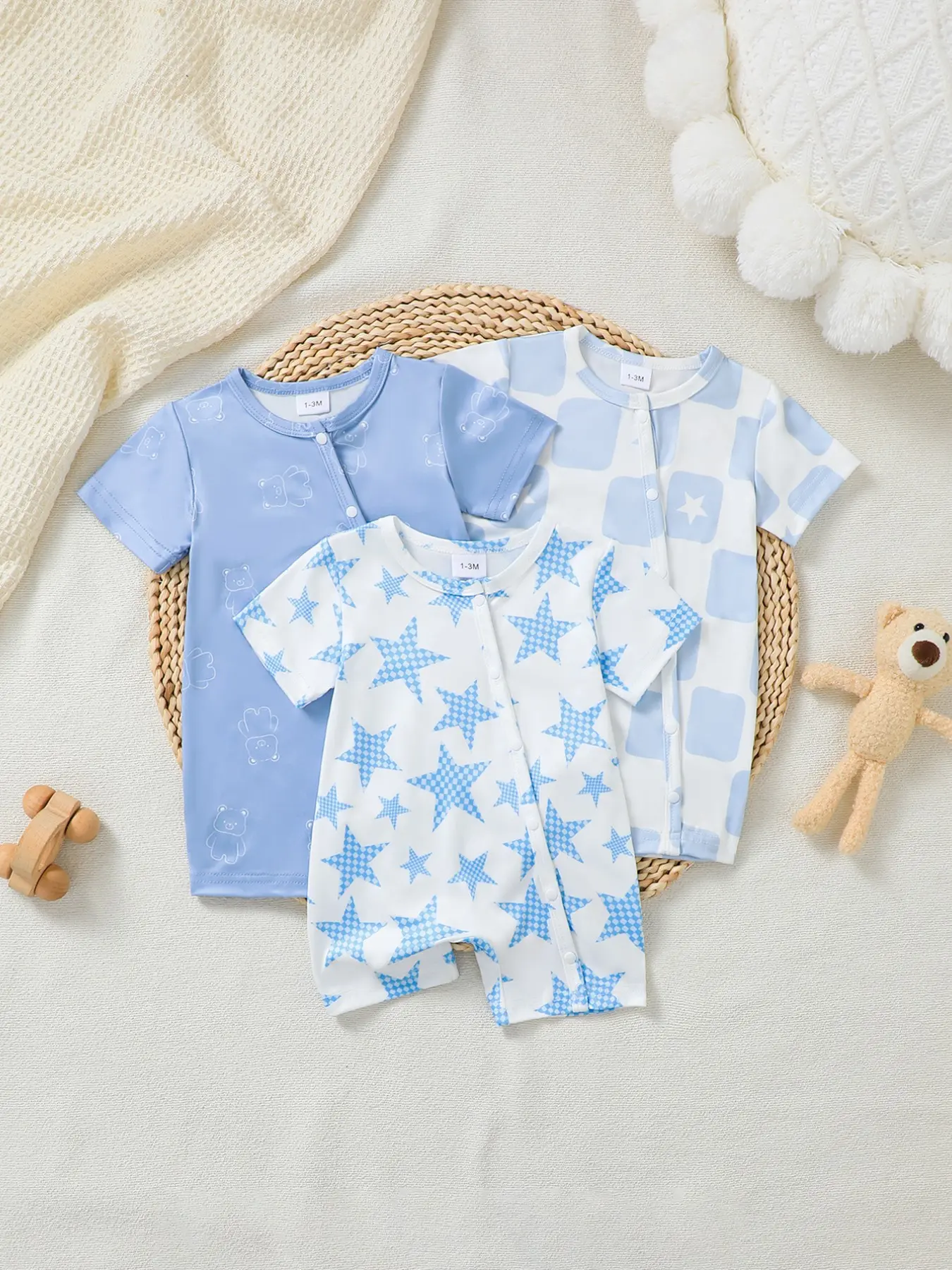 Boys' Jumpsuit 3-Piece Set, Blue- Star Bear Plaid Pattern, Short Sleeve Crawling Suit, Summer Casual, Beach Vacation, Infant Jumpsuit