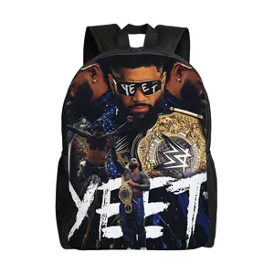 Jey Uso YEET Championship Collage Backpack, WWE Pro Wrestler Gold Title Belt Graphic 600D Oxford 15in Laptop Bookbag For Wrestling Fans Teens Arena Street Travel Daypack Gift
