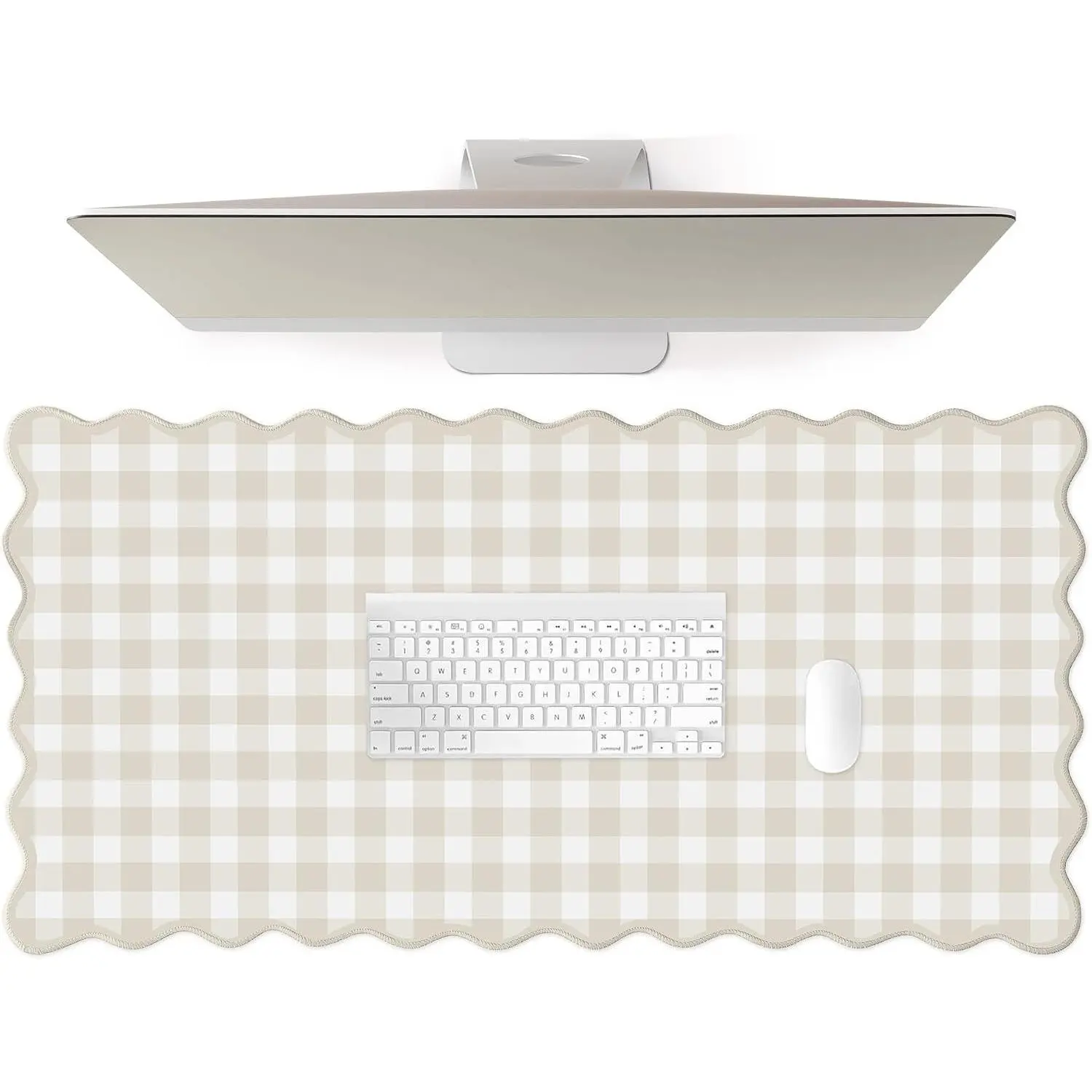 Scalloped Beige Checkered Gingham Desk Mat Cute Pastel Large Mouse Pad Kawaii Cottagecore Vintage Rustic Keyboard Pad Computer Mat for Desktop Aesthetic Cozy Office Desk Decor